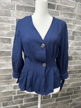 Navy V-Neck Button Front Peplum Blouse
